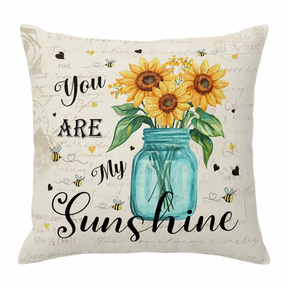 You Are My Sunshine Throw Pillow Cover Retro Sunflower Bee Farm Cotton Linen Cushion Cover Throw Pillow Case with Invisible Zipper for Couch Sofa Bed Chair Car 20x20 Inch