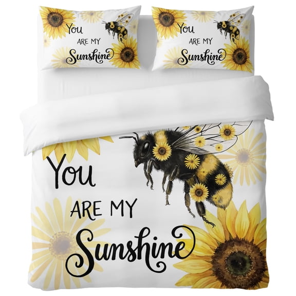 You Are My Sunshine Twin Duvet Cover Set, Rustic Farmhouse Yellow Sunflower Bumblebee Decorative 3 Piece Bedding Set with Zipper Closure Soft Breathable Microfiber Comforter Cover & 2 Pillowcases