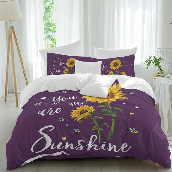 You Are My Sunshine Twin Size Comforter Set, Country Yellow Sunflower Bee Heart Purple Bedding for All Seasons, 4 Pcs Bed Set, 1 Quiltcover (68"x86") ,1Sheet(67"x116"), 2Pillowcases (30"x20")
