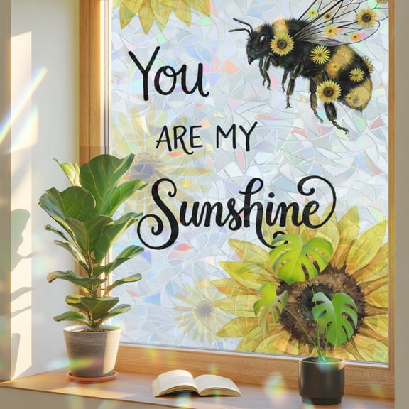 You Are My Sunshine Window Privacy Film, Rustic Farmhouse Yellow Sunflower Bumblebee Static Cling Stained Glass Window Sticker Decorative Removable Rainbow Film for Glass 17.7”x39.3”