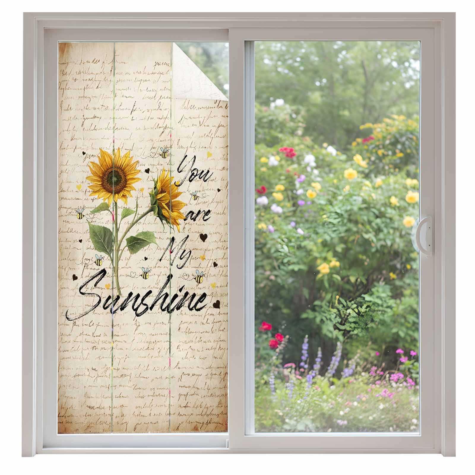 You Are My Sunshine Window Privacy Film Sunflower Flower Bee Farm Decorative Glass Window Film UV Blocking Static Cling Non-Adhesive Sticker Covering for Home Door 35.4x78.7 inches