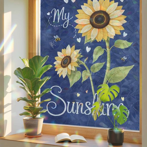You Are My Sunshine Window Privacy Film, Watercolor Sunflowers Floral Bees Navy Blue Stained Glass Rainbow Film Decorative Window Clings, Static Cling Sun Blocking Stickers 19.6" x 39.3"