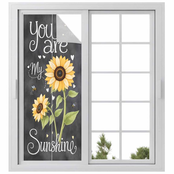 You Are My Sunshine Window Privacy Film, Yellow Sunflowers Cute Bees Heart Dark Gray Static Cling UV Sun Blocking Heat Control Window Tint, Non-Adhesive One Way Windows Privacy Cover 23.6''x59''