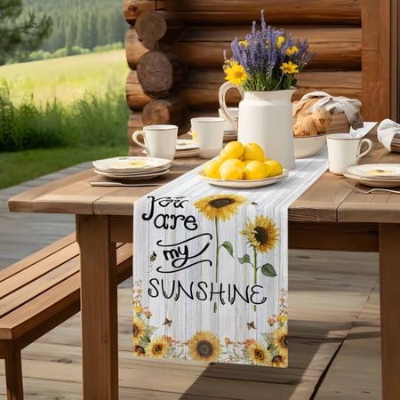 You Are My Sunshine Words on Farm Wood Table Runner 72 Inch Long Sunflowers Bees Table Runners Linen Burlap Tablerunner for Kitchen Dining Room Holiday Party
