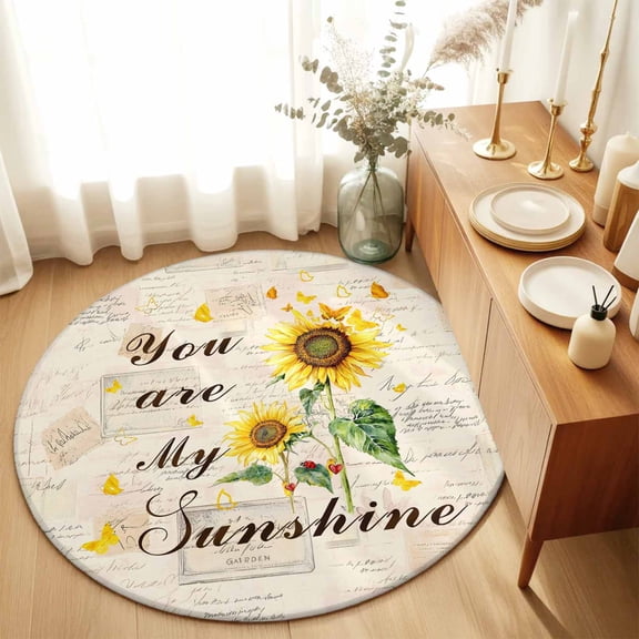 You Are My Sunshine Words Round Area Rug 3ft,Living Room Rug Non-Slip Washable Circle Rugs Pad,Retro Sunflowers on Paper Soft Floor Carpet for Bedroom Dining Room