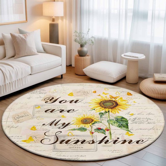 You Are My Sunshine Words Round Rug 5ft Retro Sunflowers on Paper Washable Area Rugs for Living Room Bedroom Entryway Non Slip Entrance Door Mat Indoor Floor Carpet