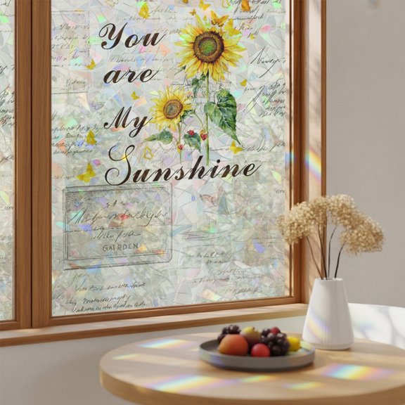 You Are My Sunshine Words Window Privacy Film,Heat Control Sun Blocking Static Cling Rainbow Film,Retro Sunflowers on Paper Non-Adhesive Glass Sticker Door Window Tint,17.7" x 39.3"