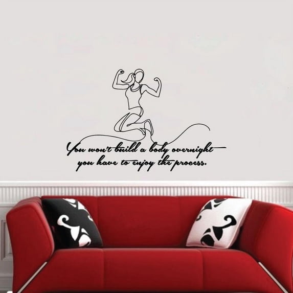 You Wont Build A Body Overnight- Exercise Workout Weightlifting Silhouette Quote Motivation Fitness Inspiration Vinyl Wall Art Sticker Decal Home Gym Workout Area Fitness DecorationSize(22x30 inch)