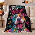 thumbnail image 1 of You Had Me At Woof Dog Portrait, Playful Graphic Style for Dog Lovers, Black Rainbow Pet Quote and Birthday Gift, Cozy Flannel Blanket for Bedroom and Playroom, Pet Home Decor, 1 of 9