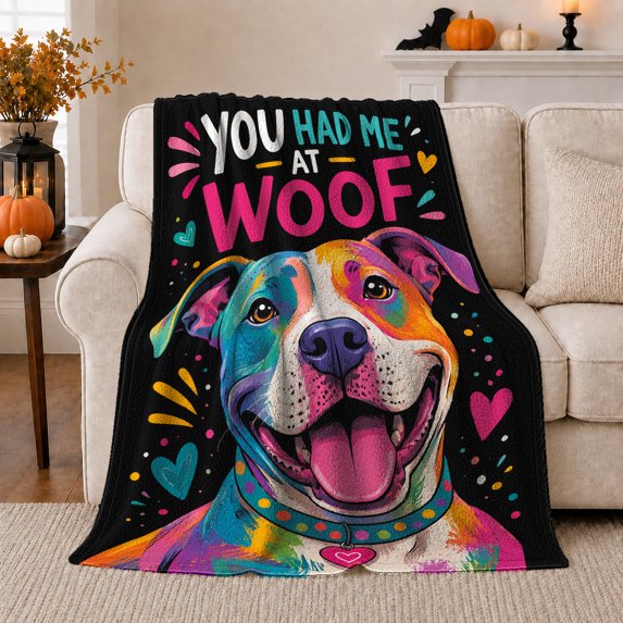 You Had Me At Woof Dog Portrait, Playful Graphic Style for Dog Lovers, Black Rainbow Pet Quote and Birthday Gift, Cozy Flannel Blanket for Bedroom and Playroom, Pet Home Decor