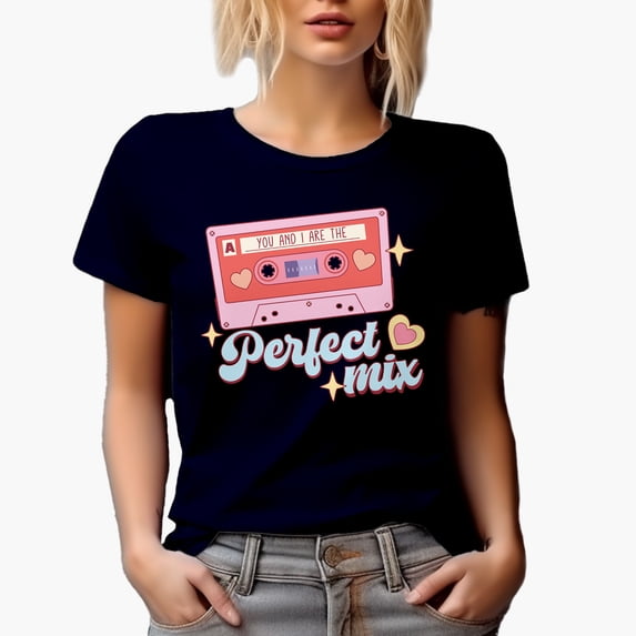 You and I Are the Perfect Mix, 90s Retro Valentine's Day Cassette Tape Art Gift, Navy Blue T-Shirt, Large