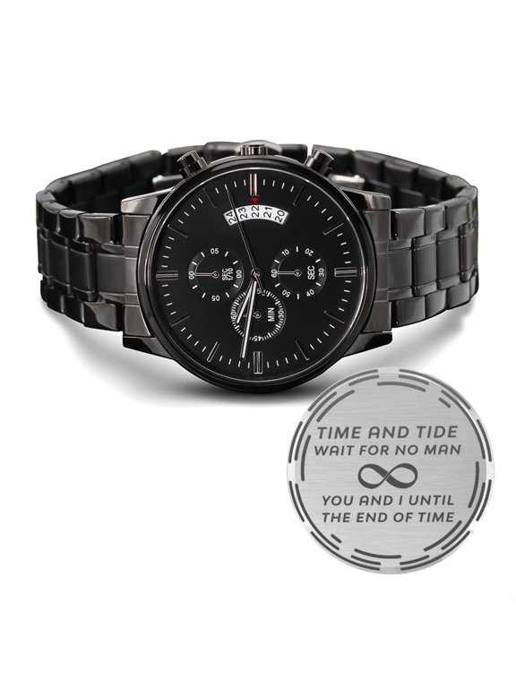You and I Until the End of Time Infinity Love Engraved Design Black Chronograph Watch For Men