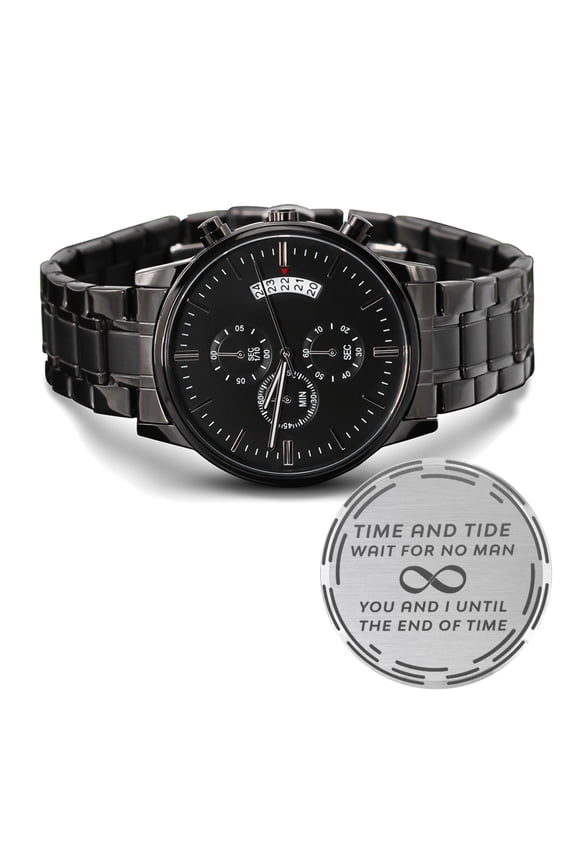 You and I Until the End of Time Infinity Love Engraved Design Black Chronograph Watch For Men