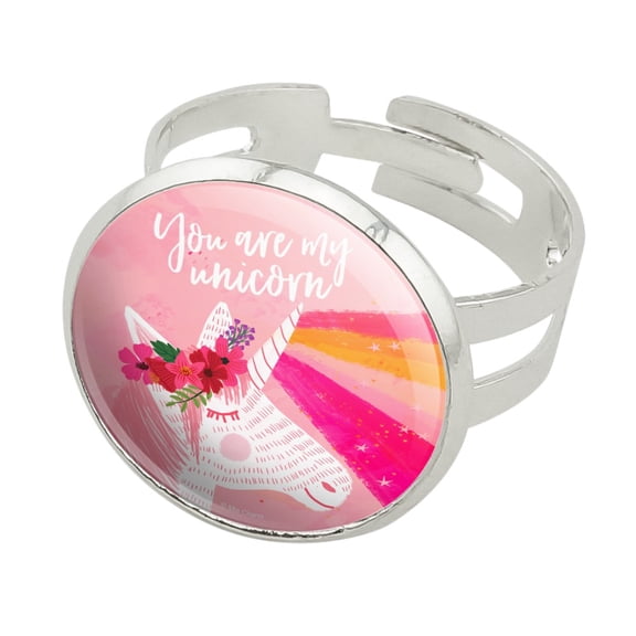 You are my Unicorn Flowers Rainbow Horn Silver Plated Adjustable Novelty Ring