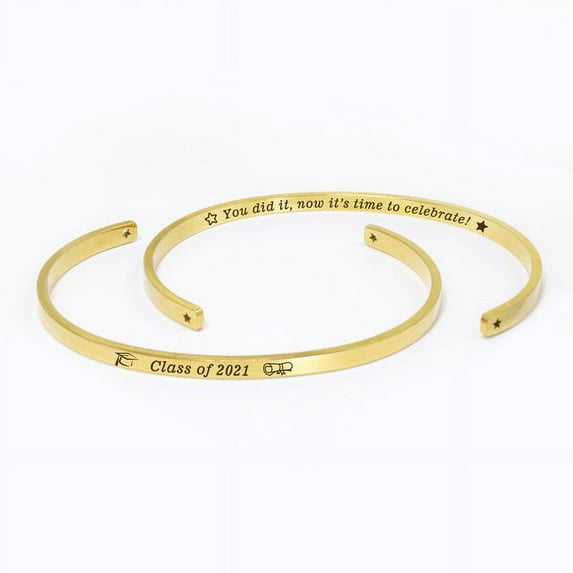 "You did it…" Gold Stainless Steel Graduation Theme Hidden Message Gift for Her Cuff Bracelet with Gift Set