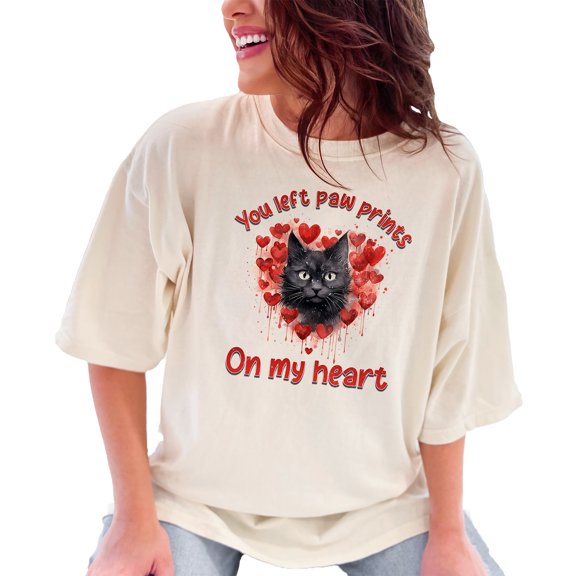 You left prints of paw on my heart Black Cat T-Shirt, Cute Cat Lover Shirt, Animal Print Tee, Cat Memorial Gift, Heart Full of Love, Ivory Comfort Colors T-Shirt, Small