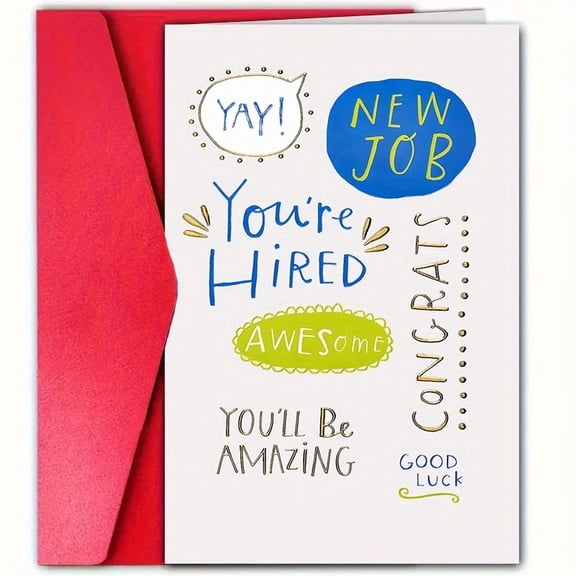 You're Hired Greeting Card Fun Congratulations Card for New Job Good Luck Wishes with Bright Colors and Envelope Included