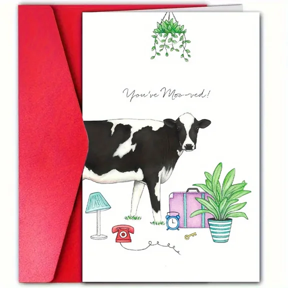 You've Moo-ved! Funny Moving Card – Adorable Cow Illustration – Blank Inside with Red Envelope – Perfect for Friends & Family Relocating