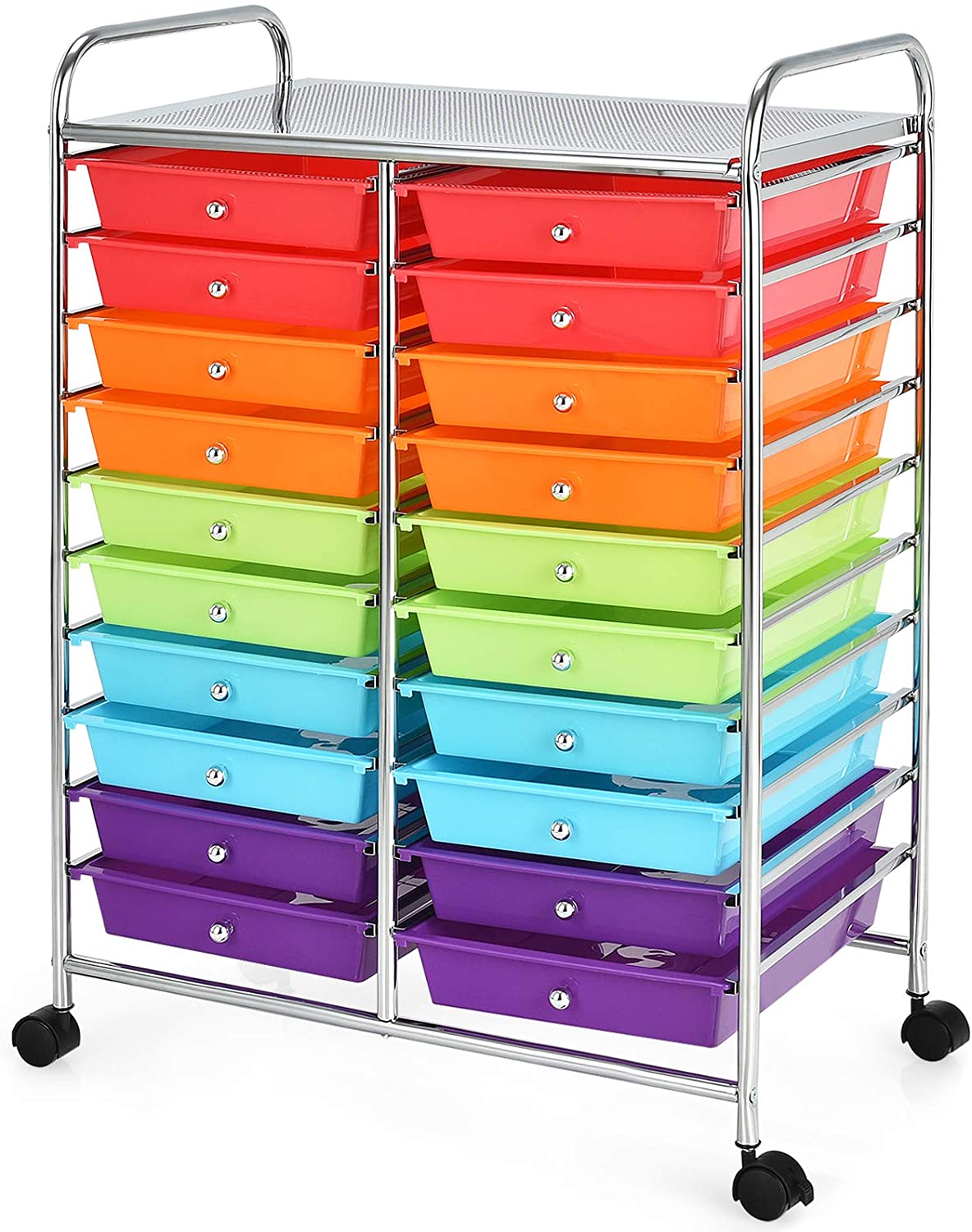 LDAILY 20-Drawer Rolling Storage Cart - Metal Frame Organizer On Wheels, For Office, School, Craft Supplies (Hot Pink)