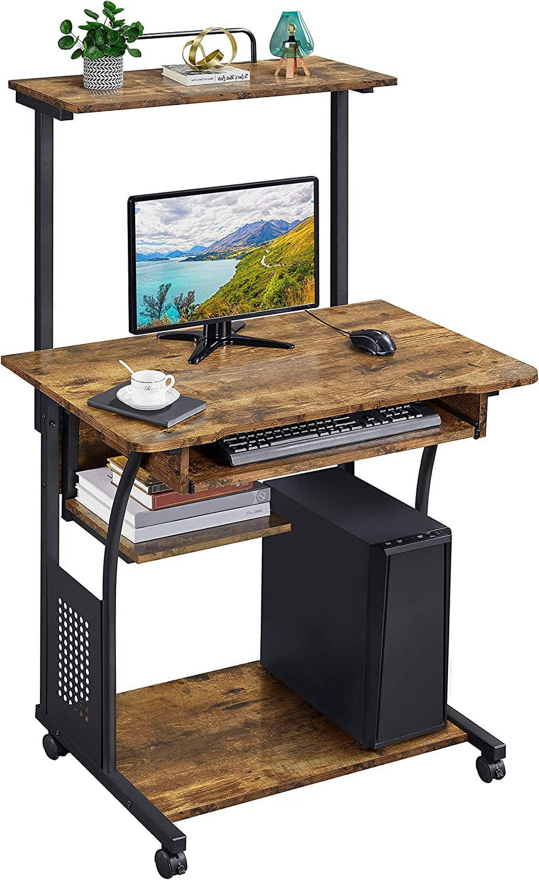 YouLLin 3 Tiers Rolling Computer Desk with Keyboard Tray and Printer Shelf for Home Office Mobile Computer Desk for Small Space Retro Computer Table