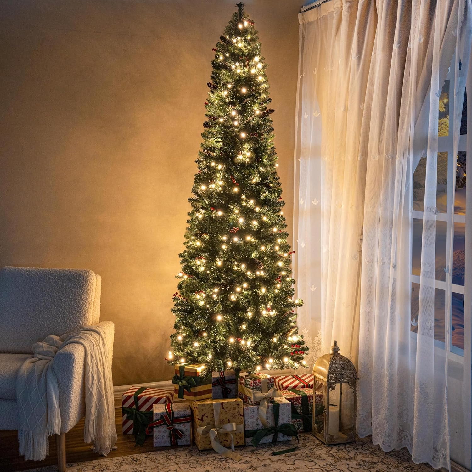 YouLLin 6.5ft Pencil Christmas Tree with Lights, Realistic Pre-Decorated Slim Christmas Tree Prelit with 754 Branch Tips, 250 Warm Lights and Metal Stand, Aritificial Christmas Tree