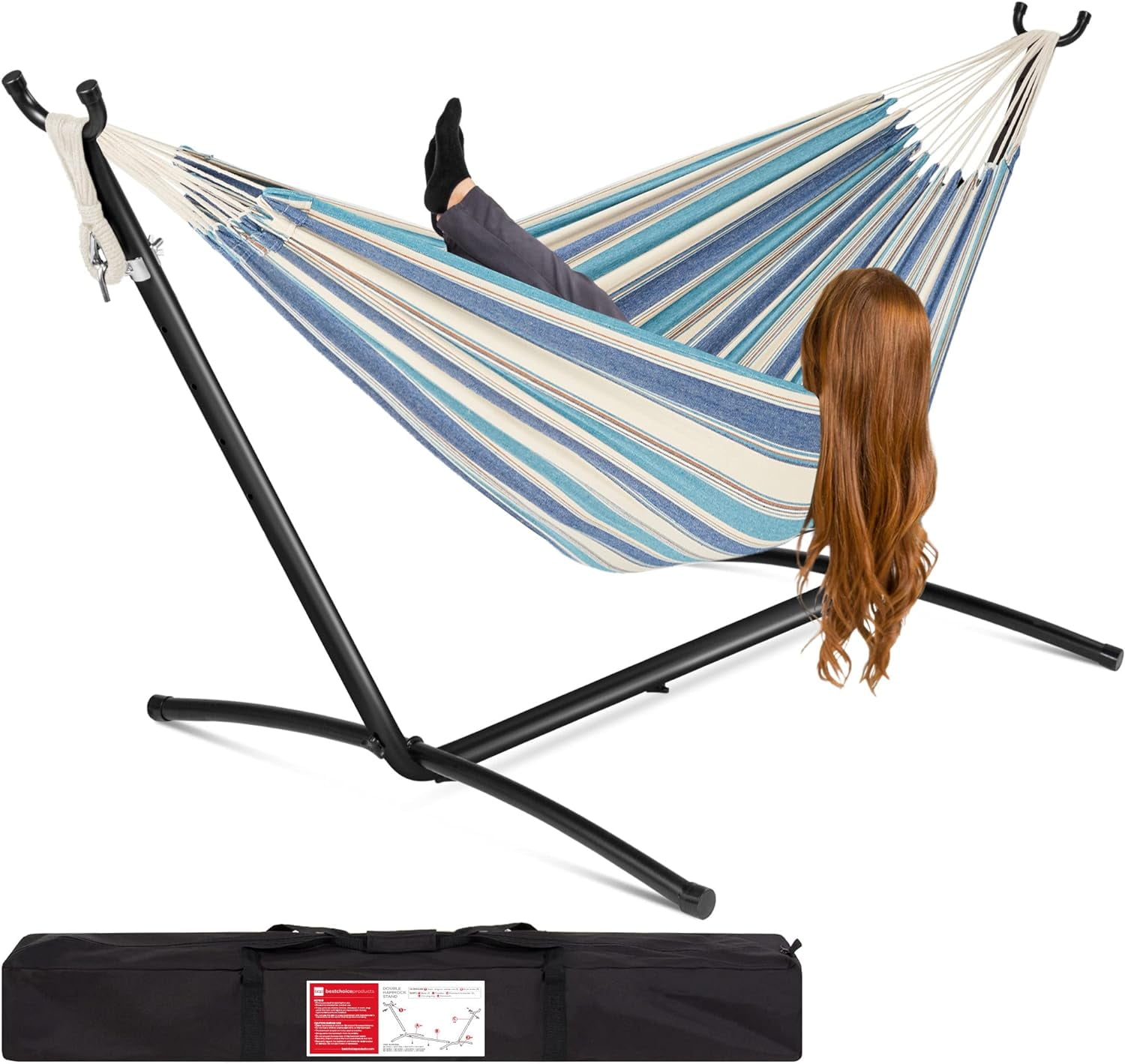 YouLLin Double Hammock with Steel Stand, Indoor Outdoor Brazilian-Style Cotton Bed w/Carrying Bag, 2-Person Capacity - Steel