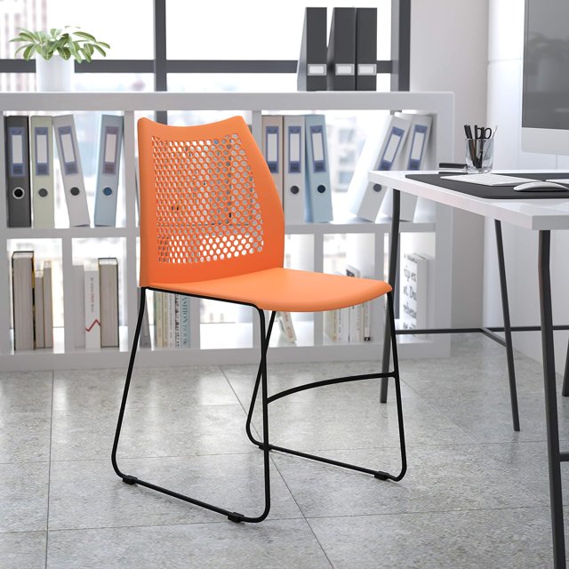 YouLLin  Home and Office Orange Sled Base Stack Chair with Air-Vent Back - Guest Chair