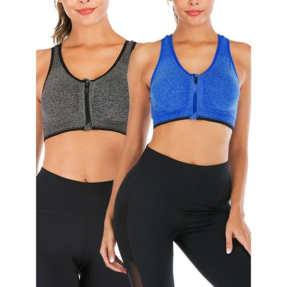 YouLoveIt 2 pcs Women's Front Zipper Sports Bra Casual Crop Tops Racerback Sports Bras for Women Seamless Zipfront Padded Cups Sports Bra