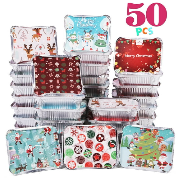YouLoveIt 50 Pcs Christmas Aluminum Foil Pans 10 Holiday Print Designs Aluminum Food Containers Disposable, Tin Foil Containers for Treat Exchange & Goody Party Leftovers
