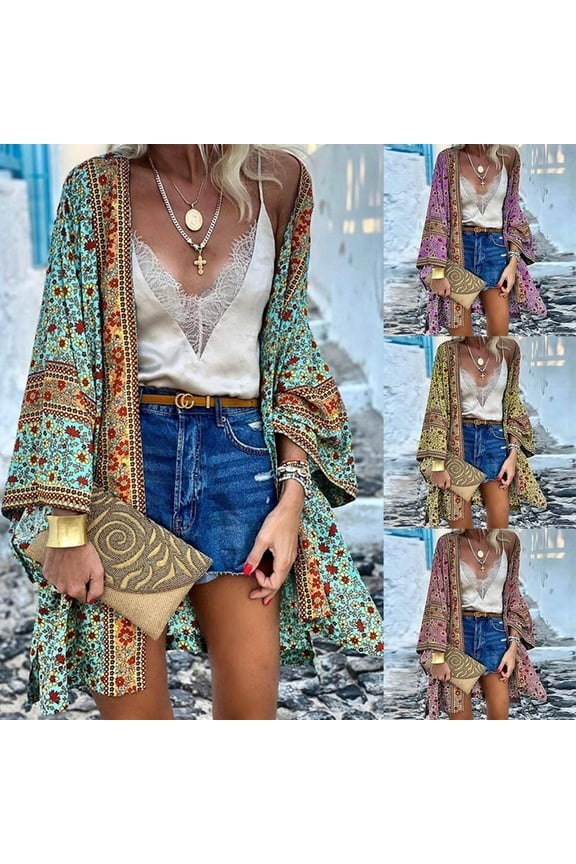 Beach Coverups Cardigan Sheer Swimsuit Cover Ups Boho Floral Kimono Cardigan Tops Beach Bikini Cover Up Tops Loose Tops Floral Blouse Cardigan