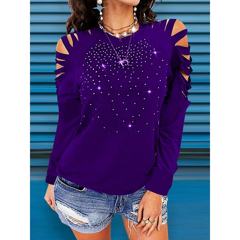 YouLoveIt Cold Shoulder Tops for Women Long Sleeve Crewneck T