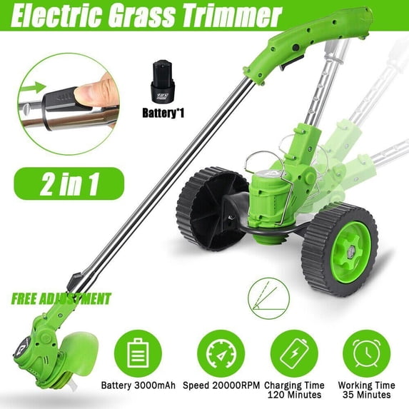 YouLoveIt Cordless String Trimmer Weed Eater String Trimmer Cordless String Cutter Electric Cordless String Trimmer with Wheels, Battery, Charger