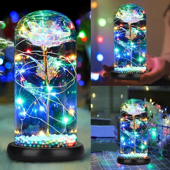 YouLoveIt Gifts for Women Forever Flower Rose with Led Light in Glass Dome Artificial Colorful Roses Flower Gift for Mother's Day Valentine's Day Wedding Anniversary Girl's Birthday