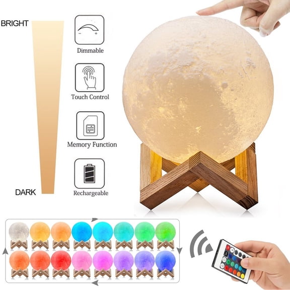 YouLoveIt Moon Lamp 3D Printing Moon Night Light LED Night Light 3D Printing Moon Light Lamps with Stand/Touch Control, Wall Light Moon Decor