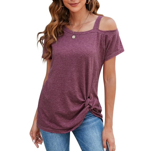 YouLoveIt Short Sleeve T Shirts for Women Knot Twist Front Tunic Tops Cold Shoulder T-Shirt Top Blouses Front Knot Side Twist Blouses Summer Short Sleeve Casual T shirt