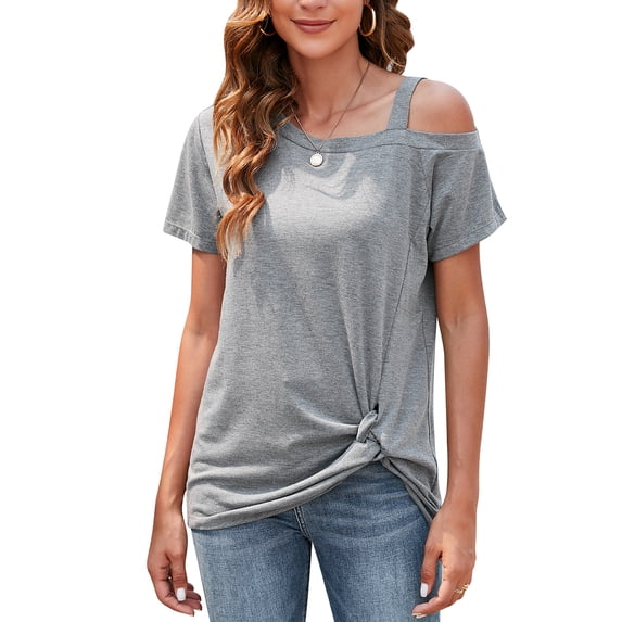 YouLoveIt Short Sleeve T Shirts for Women Knot Twist Front Tunic Tops Cold Shoulder T-Shirt Top Blouses Front Knot Side Twist Blouses Summer Short Sleeve Casual T shirt