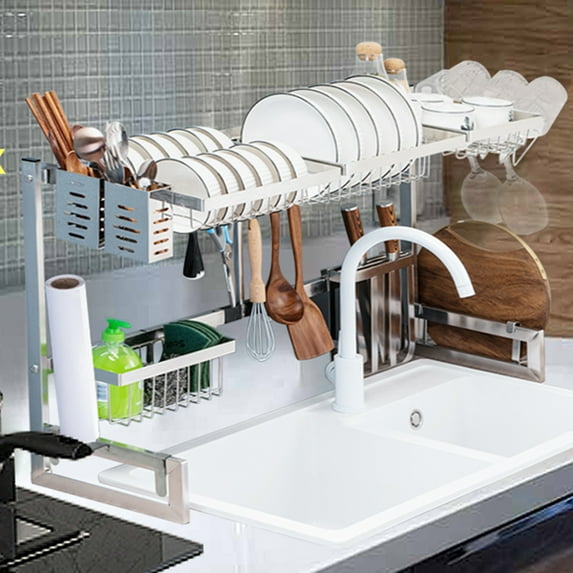 YouLoveIt 2 Tier Dish Drying Rack Adjustable Stainless Steel Over the Sink Dish Drying Rack, 2-Tier Large Dish Dryer Rack Holder Kitchen Tool Shelf for Kitchen Organizer