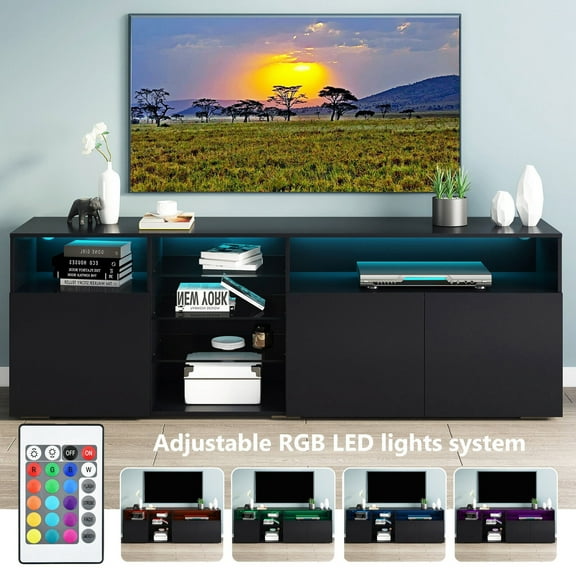 YouLoveIt TV Console Cabinet Table for TVs 65" 70", Black/White TV Stand Media Console Entertainment Center High Gloss TV Stand Media Console Cabinet LED Shelves