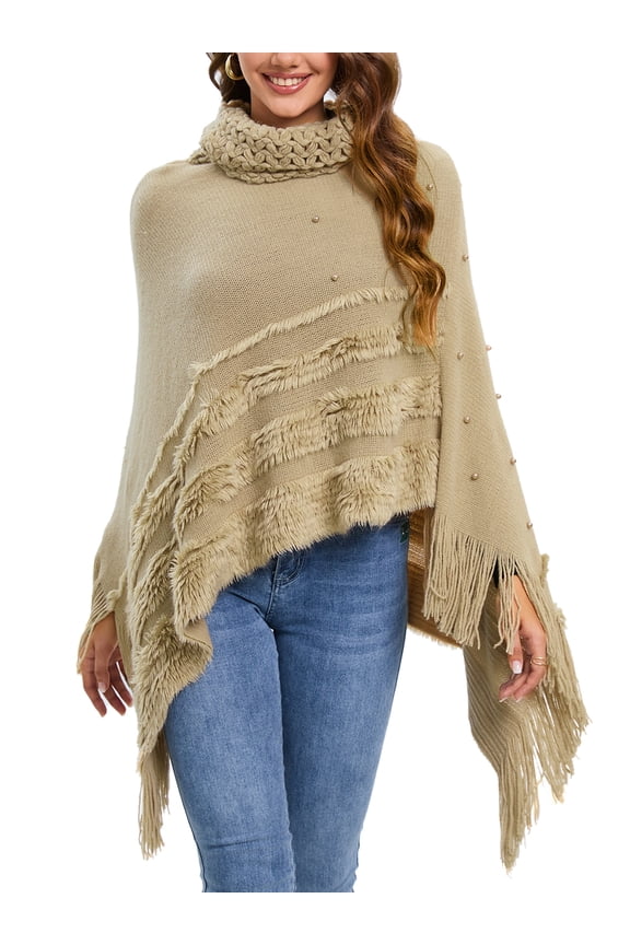 Turtleneck Poncho Sweater for Women Soft Shawls Capes Irregular Hem Fringed Striped Pullover Wrap Coats Sweater Knit Tops with Pearl