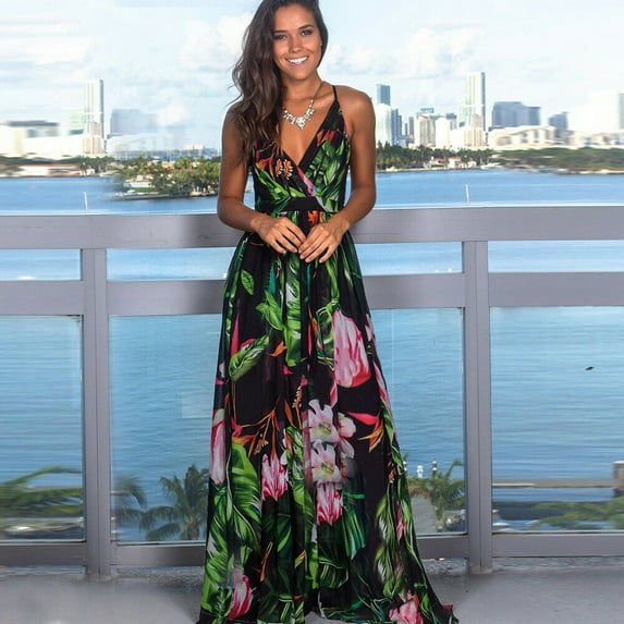 YouLoveIt Women Boho Maxi Dress Floral Dress Beach Flowy Embroidery Long Dress Summer Spaghetti Straps Floral Maxi Dress