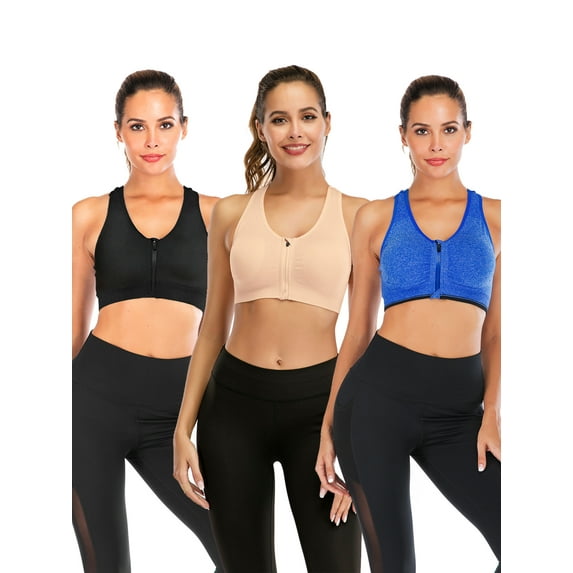 YouLoveIt Women Sports Bra, 3 pack Zipfront Padded Cups Comfort Sports Bra Zip Front Mesh Racerback Sports Bra Active Gym Yoga Workout Sports Bras