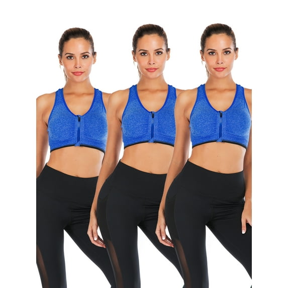 YouLoveIt Women Sports Bra, 3 pack Zipfront Padded Cups Comfort Sports Bra Zip Front Mesh Racerback Sports Bra Active Gym Yoga Workout Sports Bras