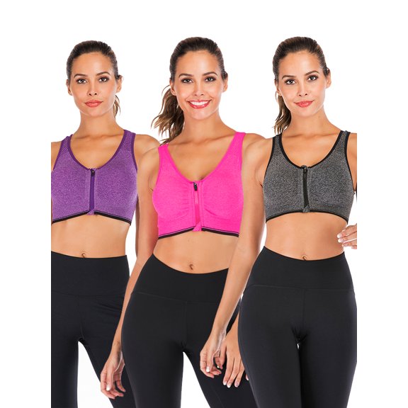 YouLoveIt Women Sports Bra, 3 pack Zipfront Padded Cups Comfort Sports Bra Zip Front Mesh Racerback Sports Bra  Active Gym Yoga Workout Sports Bras