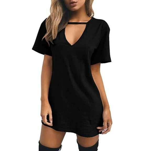 YouLoveIt Women's Casual Tee Shirt Dress Short-Sleeve V-Neck Dress Loose Fit T-Shirt Tunic Short Dress Pajamas Short Sleeve Dresses Plain Midi Dresses