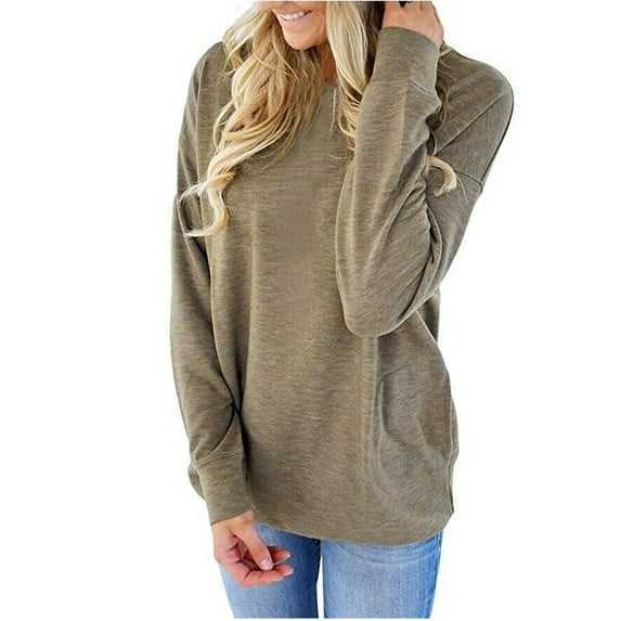 YouLoveIt Women's Long Sleeve Crew Neck T Shirts Casual Loose Fit Pullover Tops Solid Tops Pullover Sweatshirts Front Pocket Long Sleeve Shirts Tunic Tops for Leggings