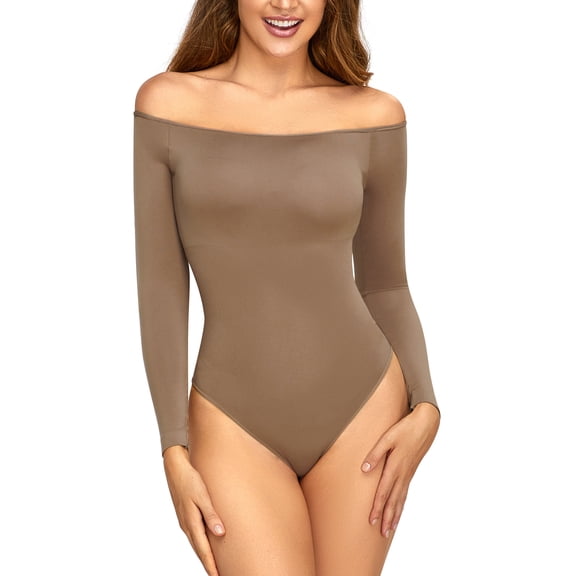 YouLoveIt Women's Off The Shoulder Body Suits Long Sleeve Slimming Bodysuit Tops Stretch Tops Jumpsuit Body Shaper Tops One Piece Bodysuit