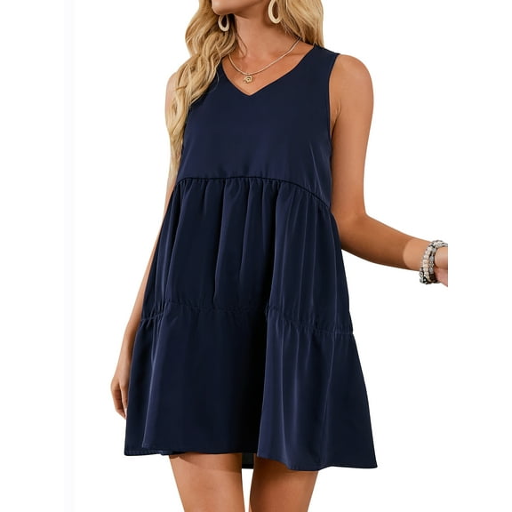 YouLoveIt Women's Sleeveless Dress Ruffles Loose Mini Dress Summer Tunic T-Shirt Dress V Neck Casual Ruffle Swing Dress Plain Dresses Short Dress