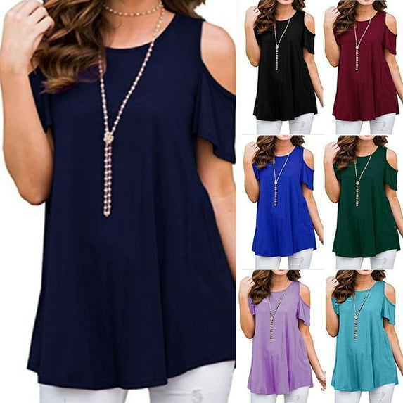YouLoveIt Women's Summer Short Sleeves Tops Cold Shoulder Scoop Neck Casual Tees Summer Tops Crew Neck Shirts Blouse Casual Summer Loose Basic T Shirts