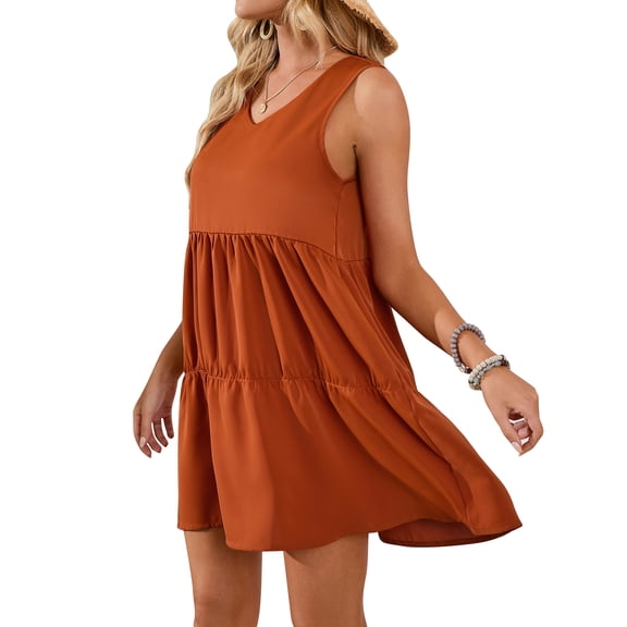 YouLoveIt Women’s Summer Sleeveless Mini Dress V Neck Casual Loose Flowy Swing Dress Sundress Solid Color Loose Ruffle Tunic Dress Holiday Plain T Shirt Dress