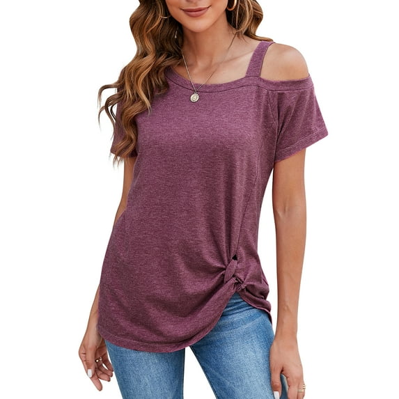 YouLoveIt Women's T Shirts Twist Knot Tops Cold Shoulder Tops Short Sleeve Twist Knot Front Tunic T Shirt Loose Blouses Tunic T Shirt for Women